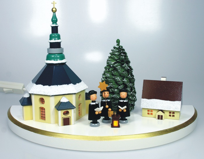 Sockel elektrisch Bunt mit Schnee Dorf mit Seiffener Kirche mittelgroß bunt, mit Beleuchtung